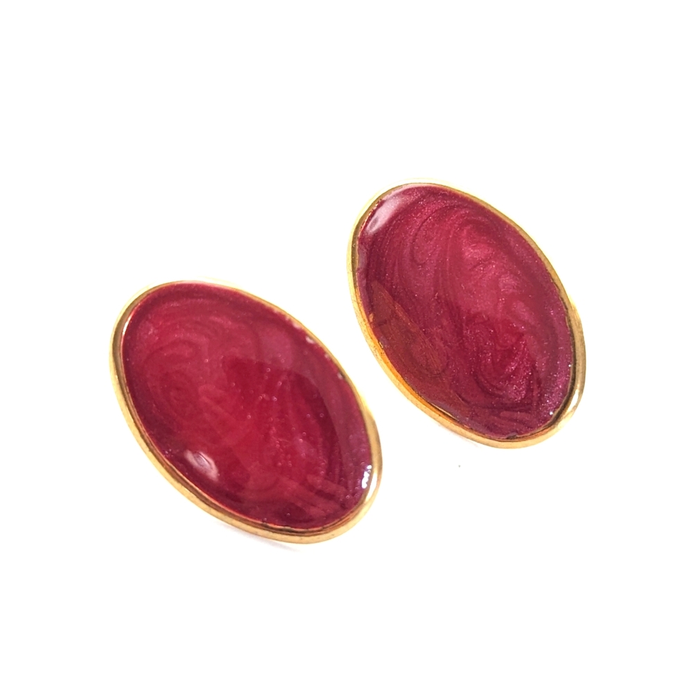 Vintage Estate 80s Glam Swirled Red Enamel Oval Pierced Stud Post Earrings